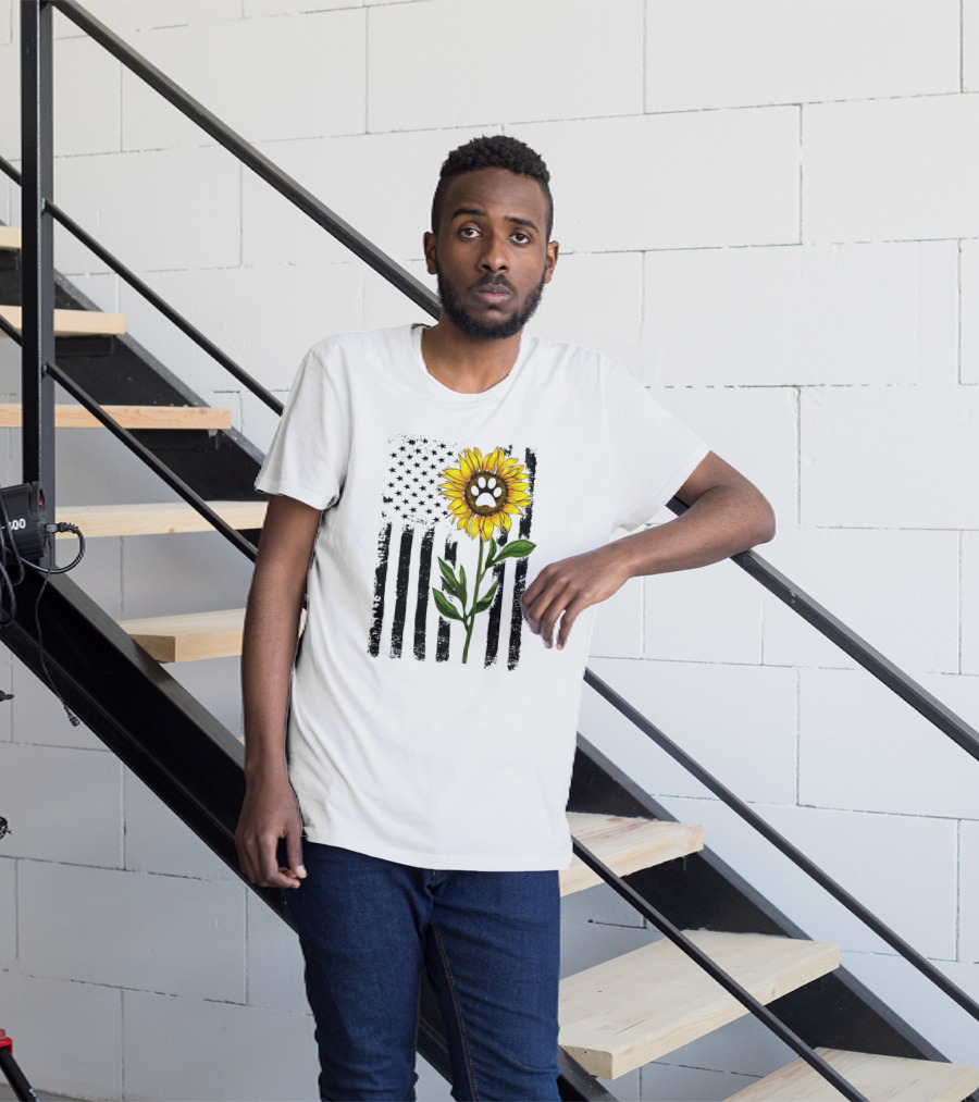 Sunflower Dog Paw Over American Flag Background T-Shirt