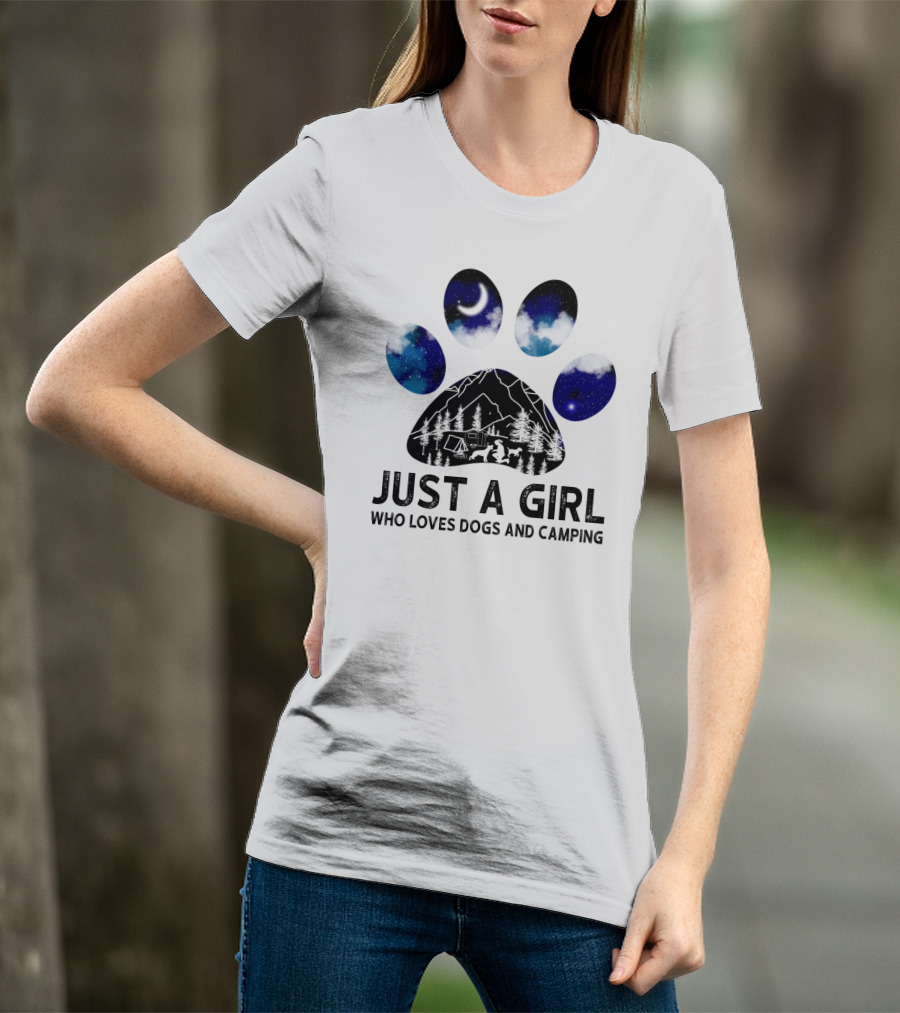 Just A Girl Who Loves Dogs And Camping Under Starry Night With Tent And Campfire T-Shirt