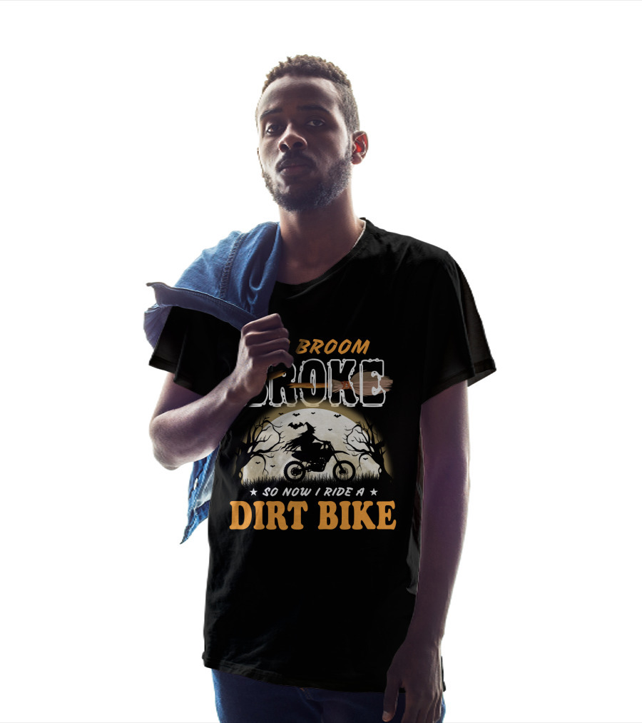 My Broom Broke So Now I Ride A Dirt Bike Halloween Witch On Motorcycle Moon Scene T-Shirt