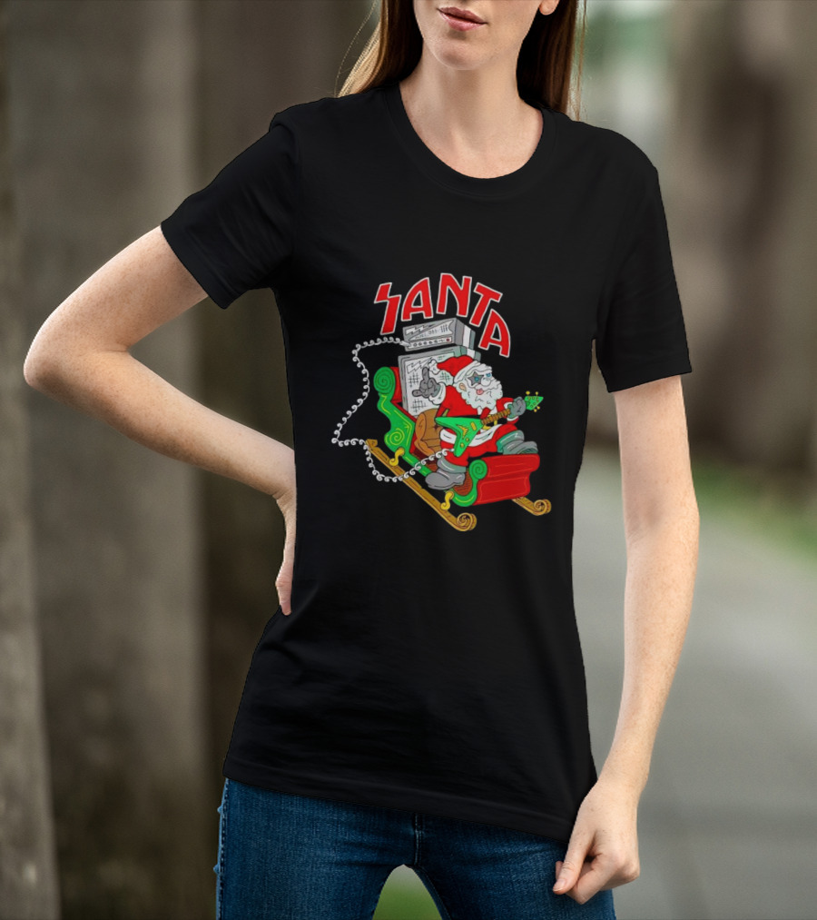 Santa Rocks Sleigh With Guitar And Amps Christmas T-Shirt