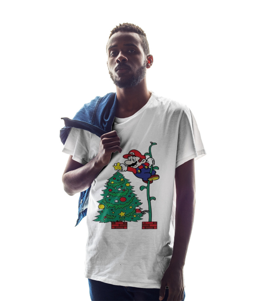 Super Mario Decorating Christmas Tree With Power-Up Star And Brick Blocks T-Shirt