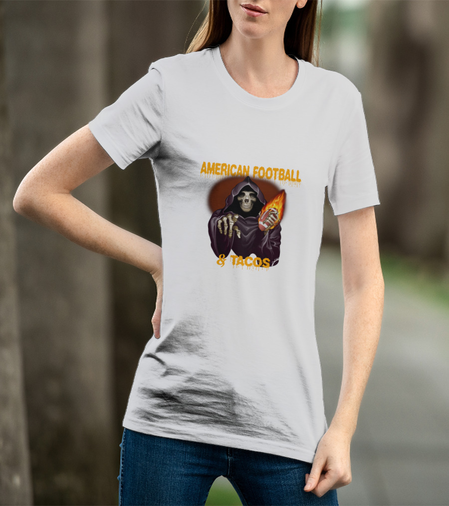 American Football And Tacos Skeleton Holding Flaming Football T-Shirt