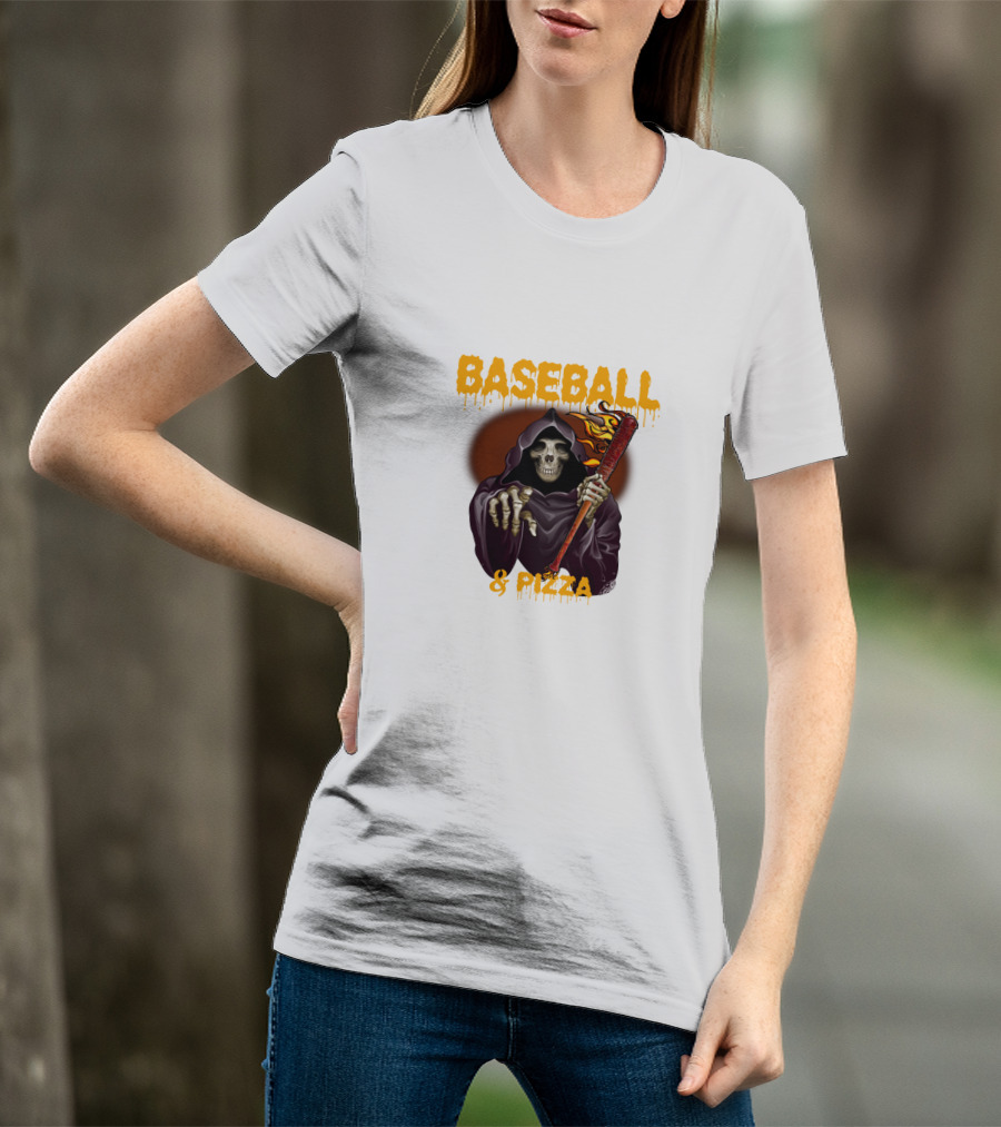 Grim Reaper With Flaming Baseball Bat Celebrates Baseball And Pizza T-Shirt