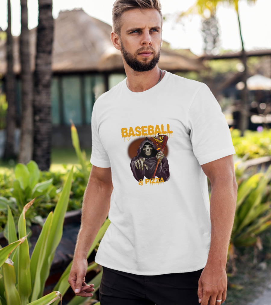 Grim Reaper With Flaming Baseball Bat Celebrates Baseball And Pizza T-Shirt