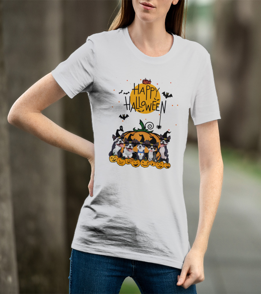 Happy Halloween Boston Terrier Pumpkin Bat T-Shirt