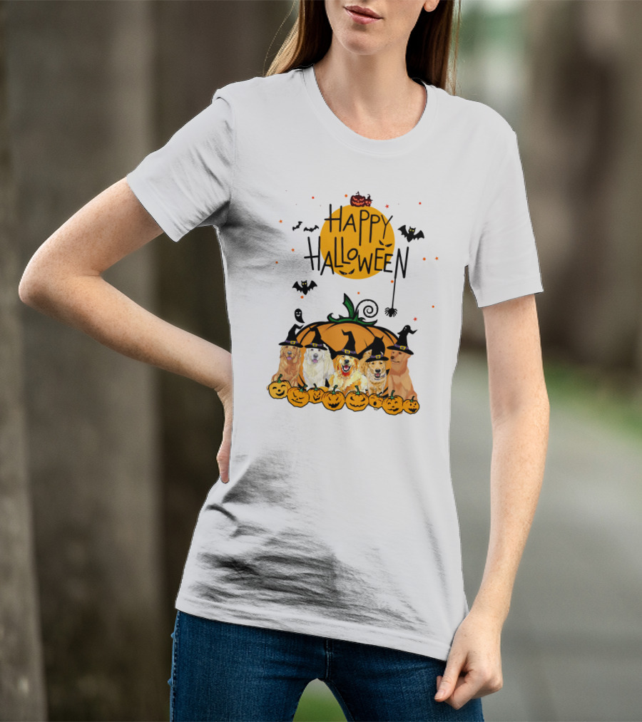 Happy Halloween Golden Retrievers In Witch Hats With Pumpkins T-Shirt