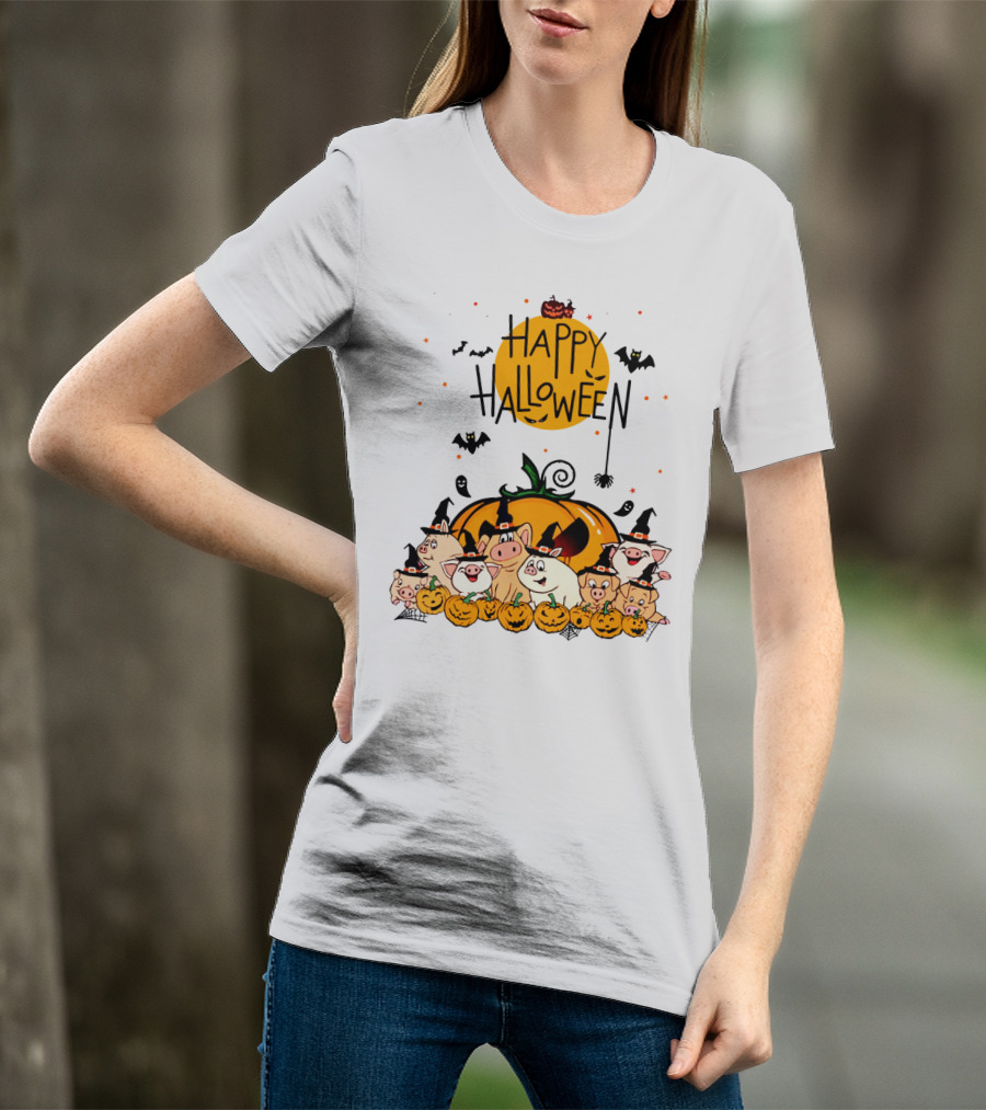 Happy Halloween Pig Pals With Pumpkins And Bats T-Shirt