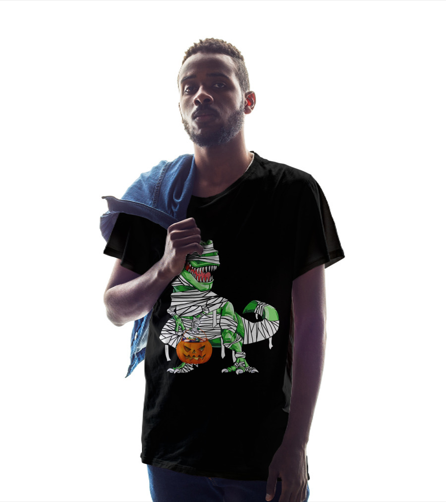 Halloween Pumpkin Mummy Dinosaur With Candy Bucket T-Shirt