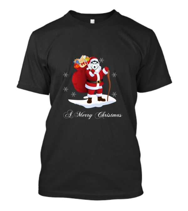 Santa Husky With Gift Sack And Snowflakes 'A Merry Christmas' T-Shirt