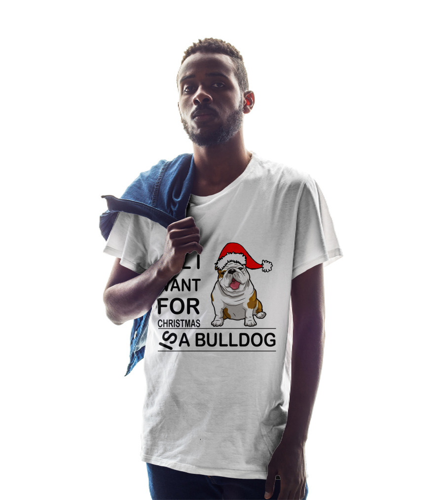 All I Want For Christmas Is A Bulldog With Santa Hat Iconic Festive Dog Lover's Phrase T-Shirt