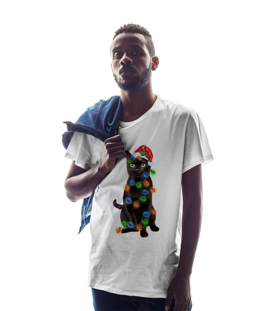 Santa Hat Black Cat Wrapped In Colorful Christmas Lights T-Shirt
