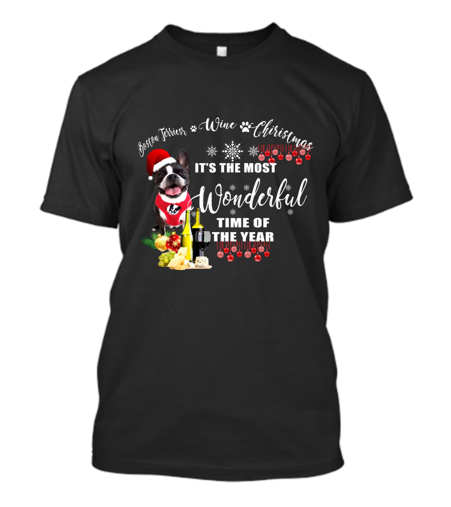 Boston Terrier Wine Christmas It's The Most Wonderful Time Of The Year T-Shirt