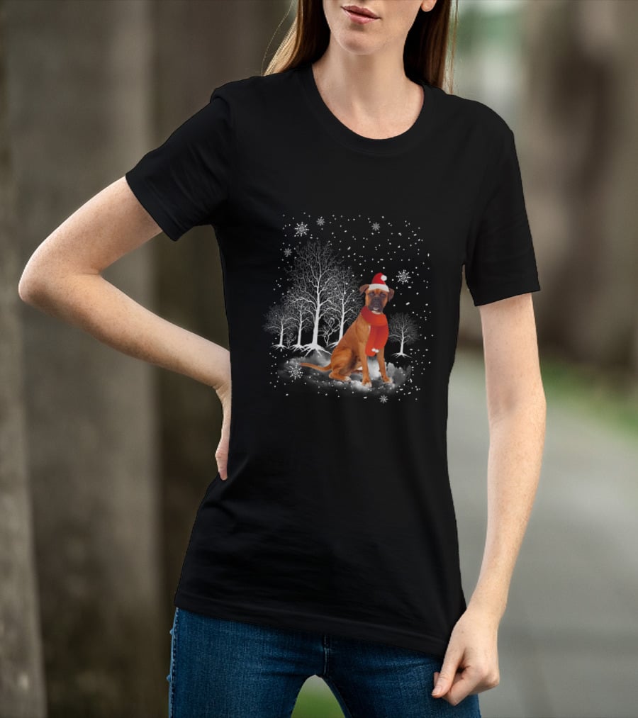 Boxer Dog With Santa Hat And Scarf In Snowy Winter Wonderland Scene T-Shirt