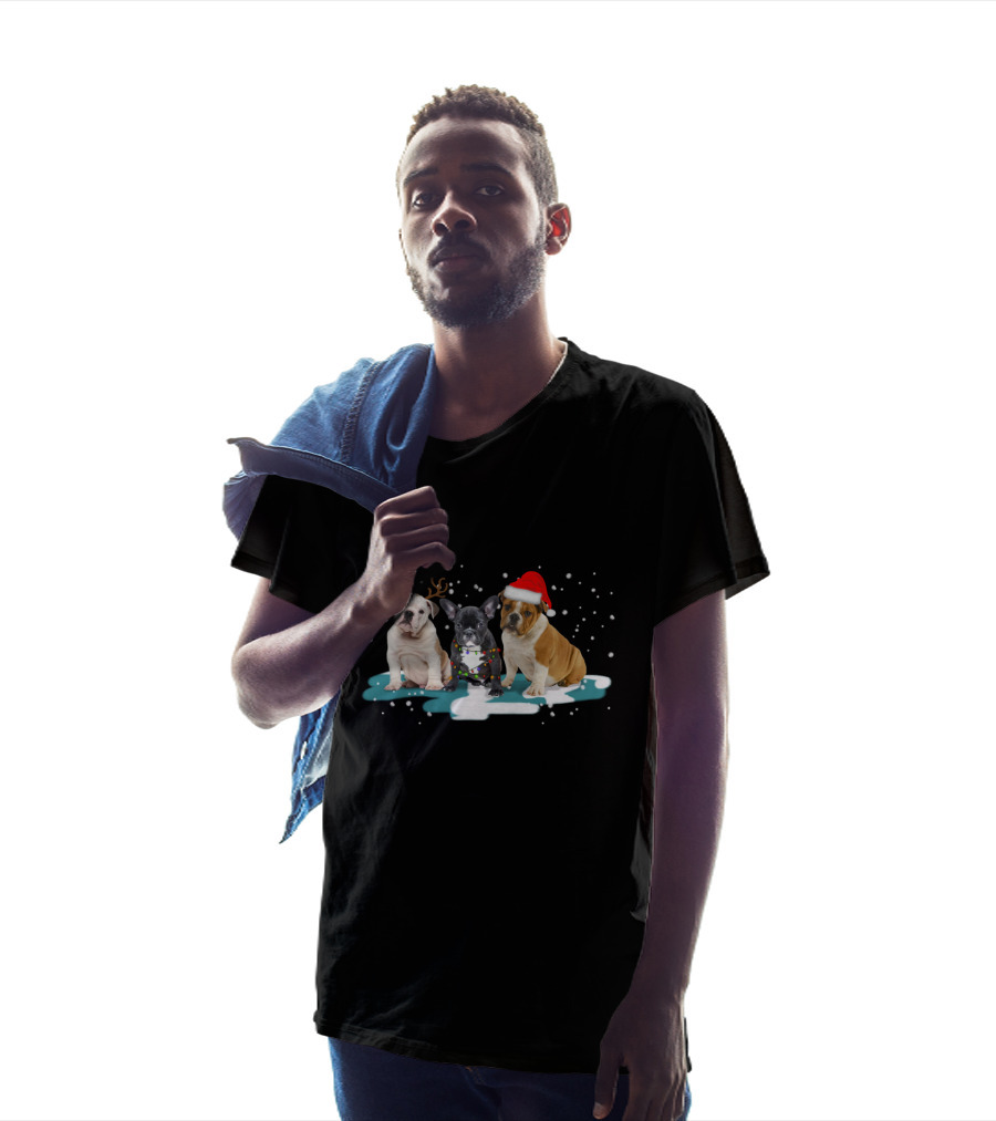 Bulldog Christmas With Reindeer Antlers And Santa Hat For Dog Lovers T-Shirt