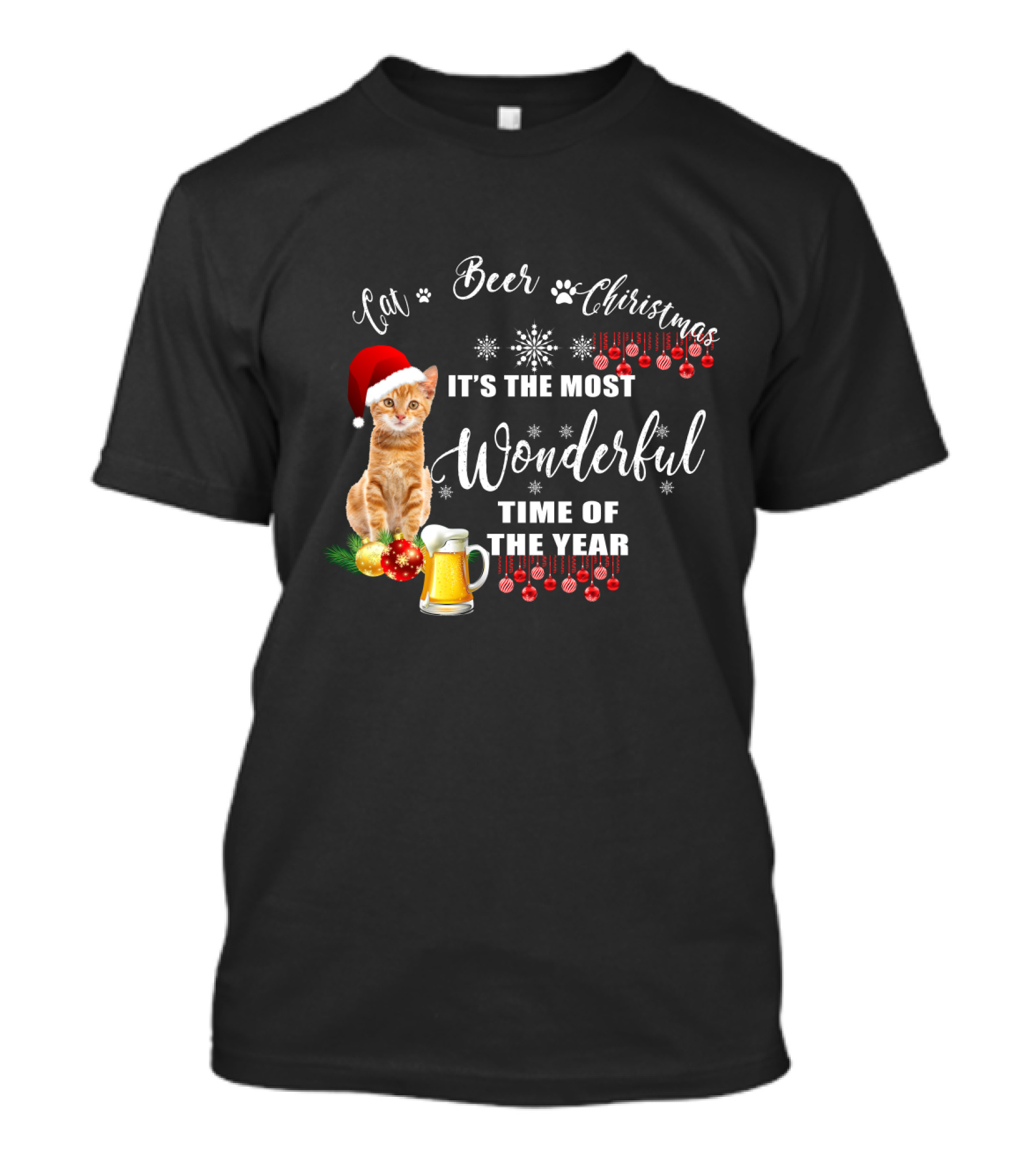Cat Beer Christmas It's The Most Wonderful Time Of The Year Snowflakes Santa Hat T-Shirt