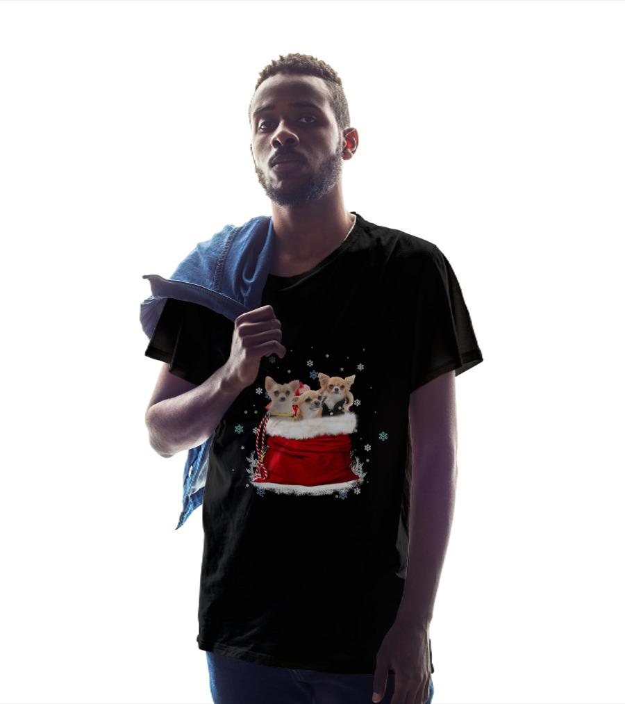 Chihuahua Christmas Trio In Festive Red Santa Bag With Snowflakes T-Shirt
