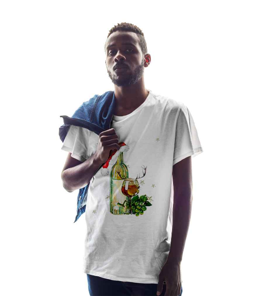 Santa Hat Wine Bottle With Antler Glass Christmas Grapes And Stars T-Shirt