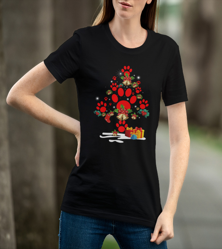 Dog Paw Christmas Tree With Bells And Holly T-Shirt