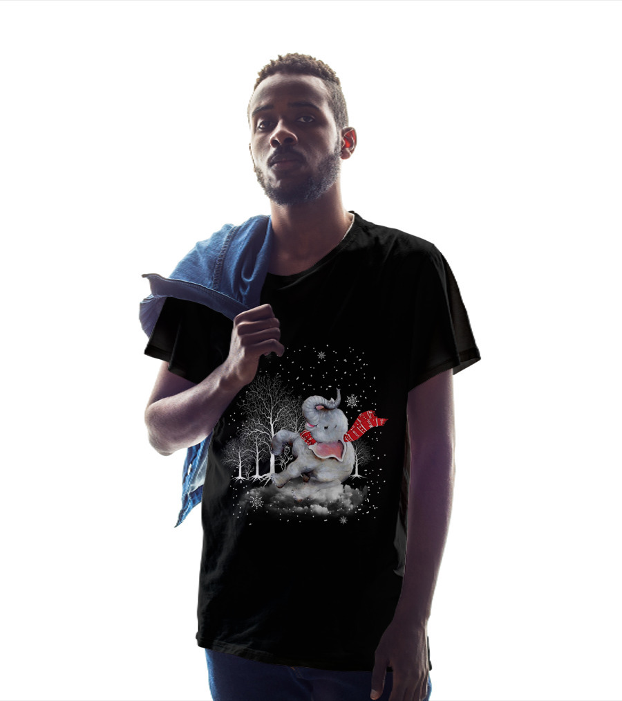 Elephant Christmas Snowflake Scarf Winter Forest Scene T-Shirt