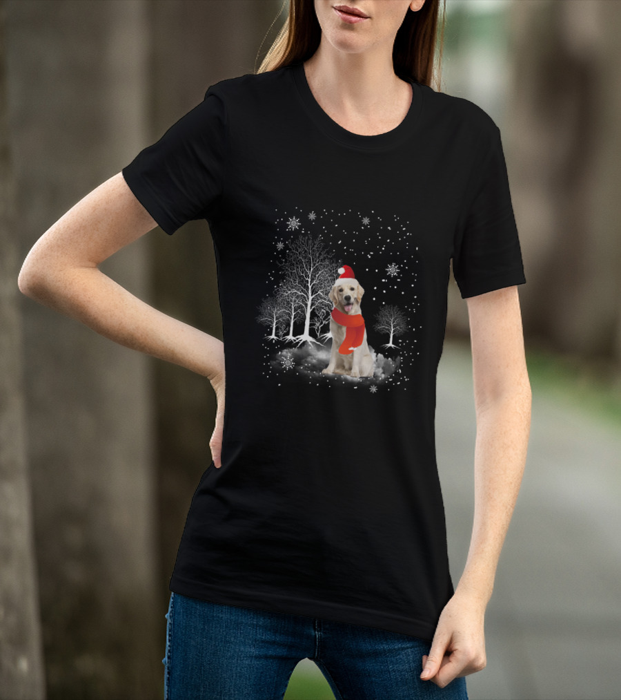 Golden Retriever Santa Hat Snowy Forest Holiday Scene T-Shirt