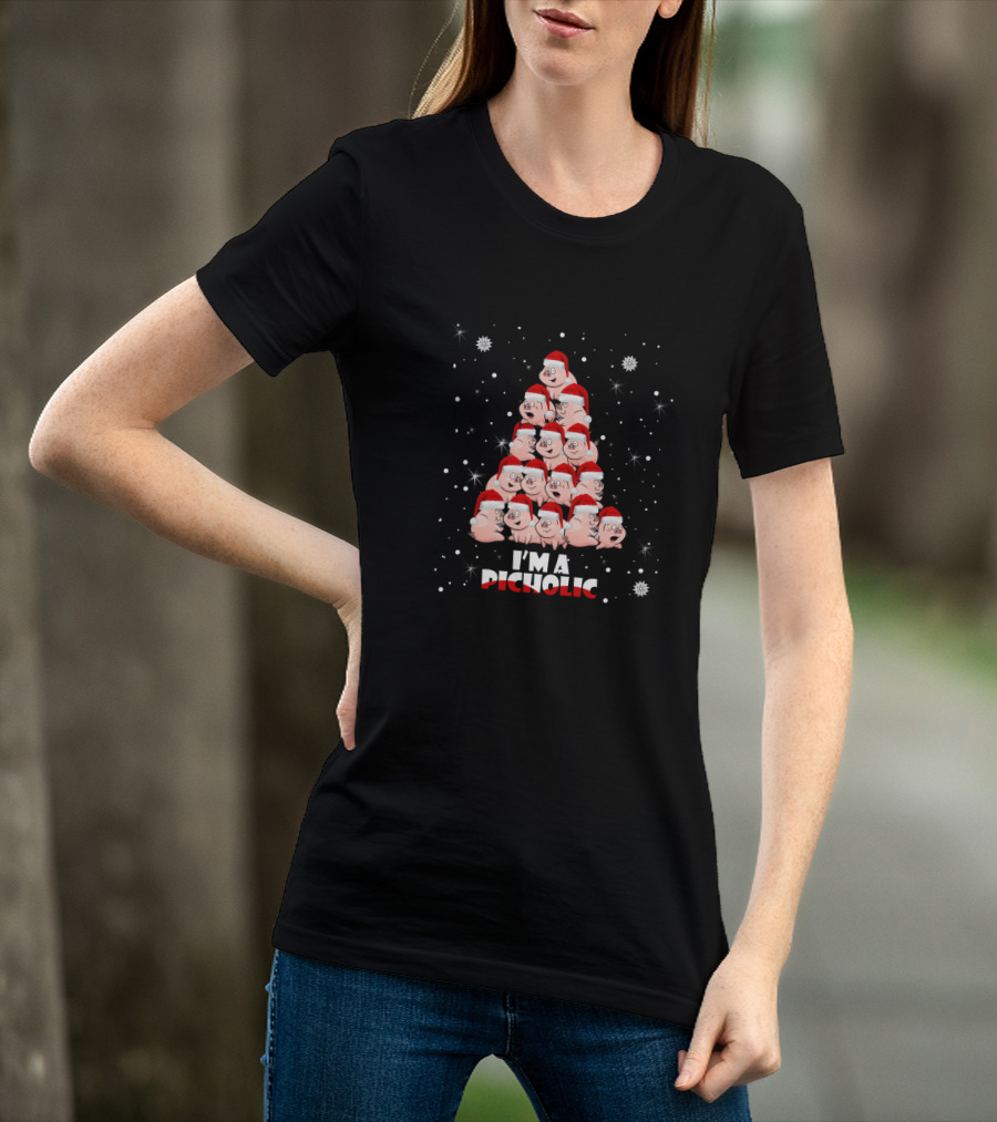 I'm A Pigholic Santa Hat Christmas Tree With Snowflakes T-Shirt