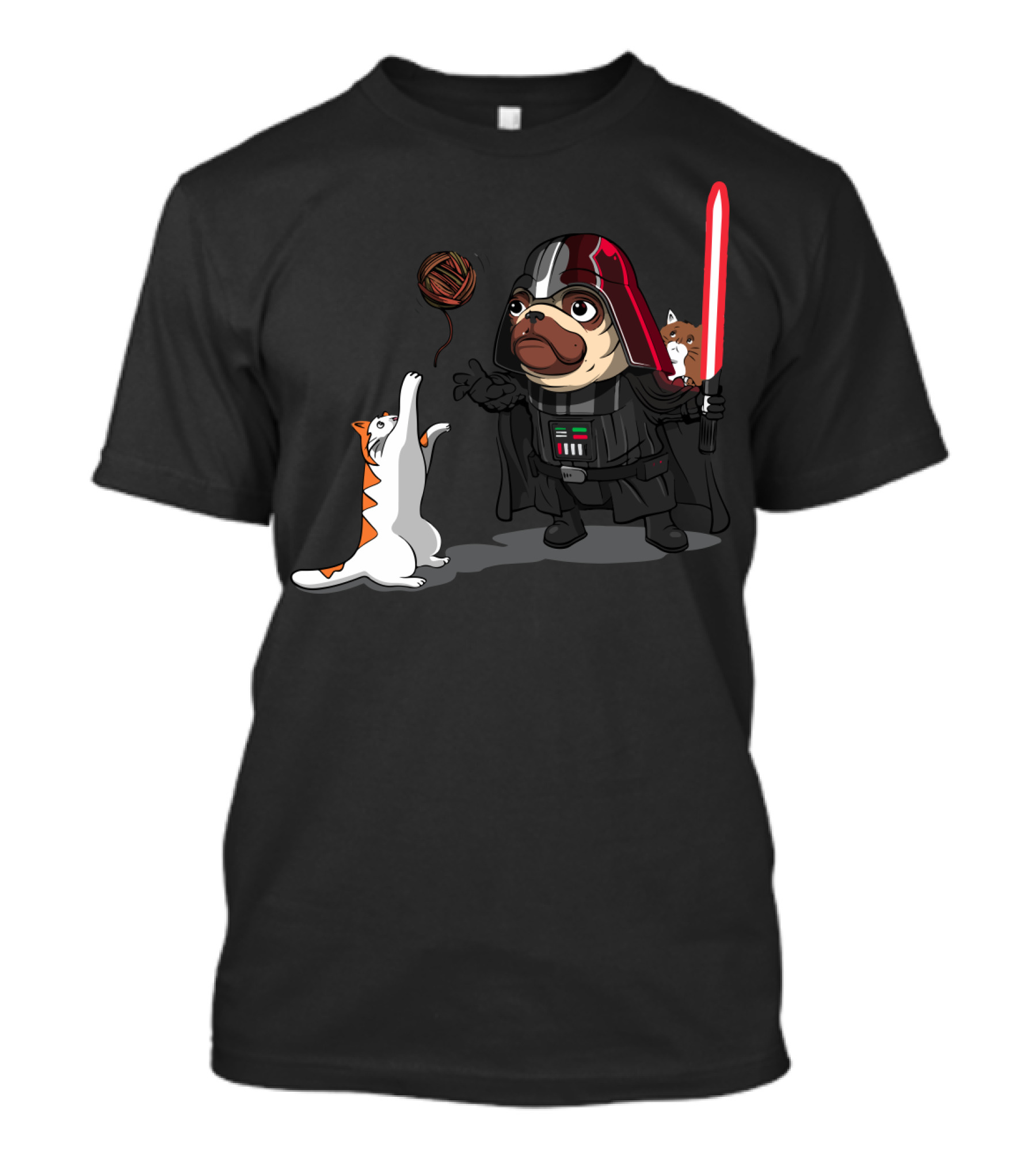 Pug Vader With Lightsaber And Cats Playing With Yarn Star Wars T-Shirt