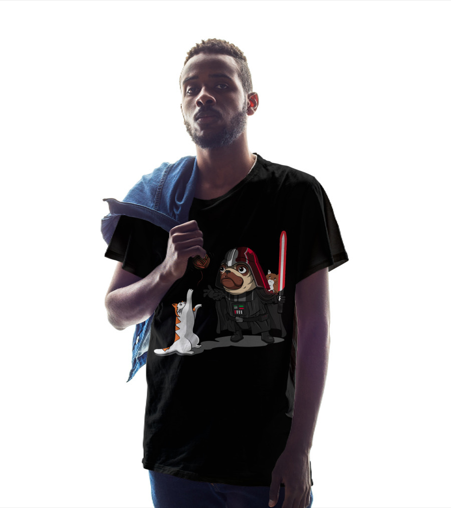 Pug Vader With Lightsaber And Cats Playing With Yarn Star Wars T-Shirt
