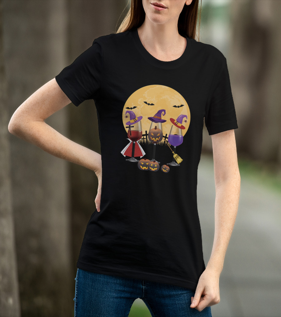 Witchy Halloween Wine Glasses With Jack-O'-Lantern And Moon T-Shirt