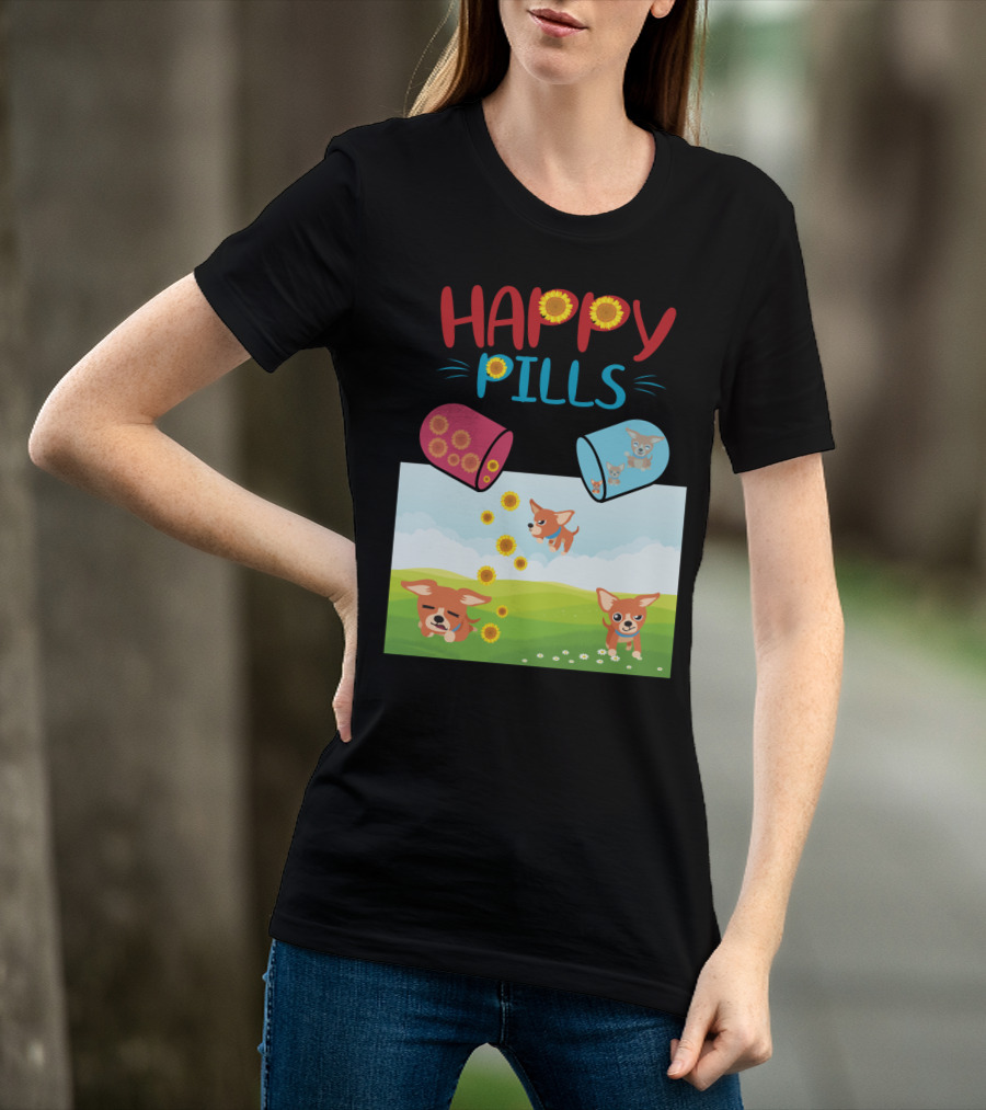 Happy Pills Chihuahuas Playing With Sunflowers T-Shirt