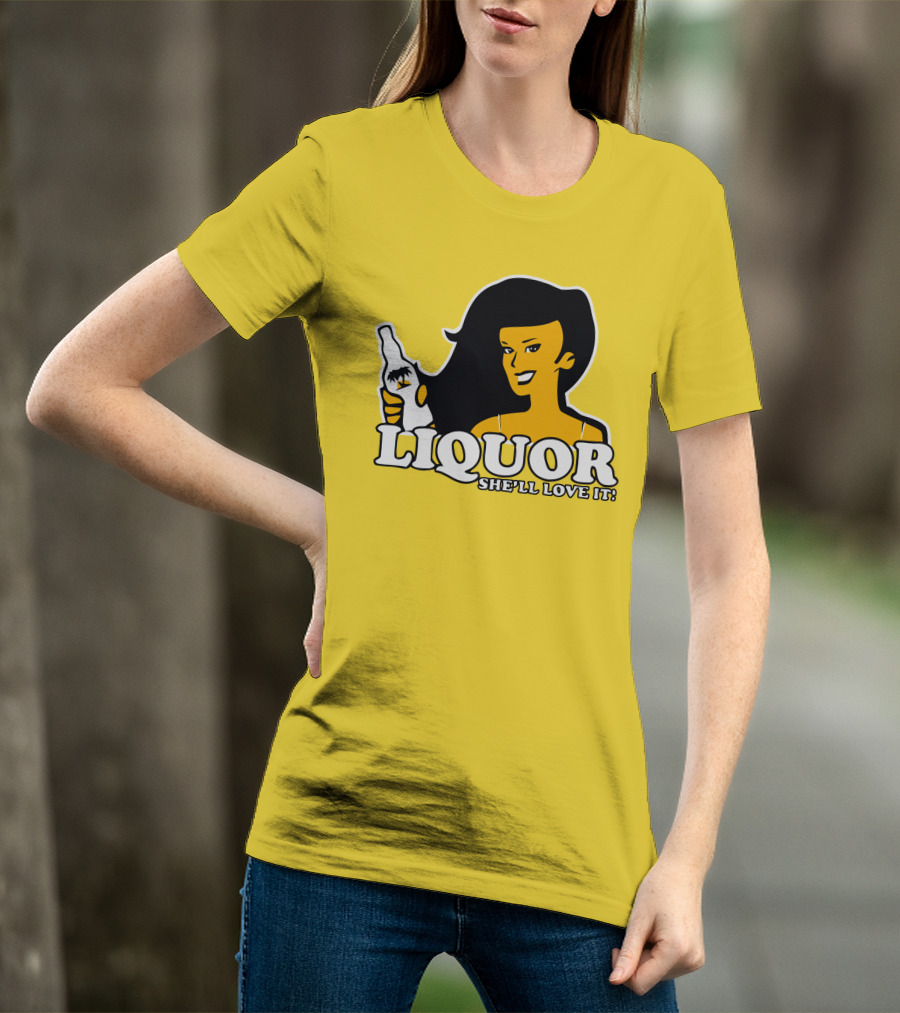 Liquor She'll Love It Retro Pin-Up Style Woman Holding Bottle T-Shirt