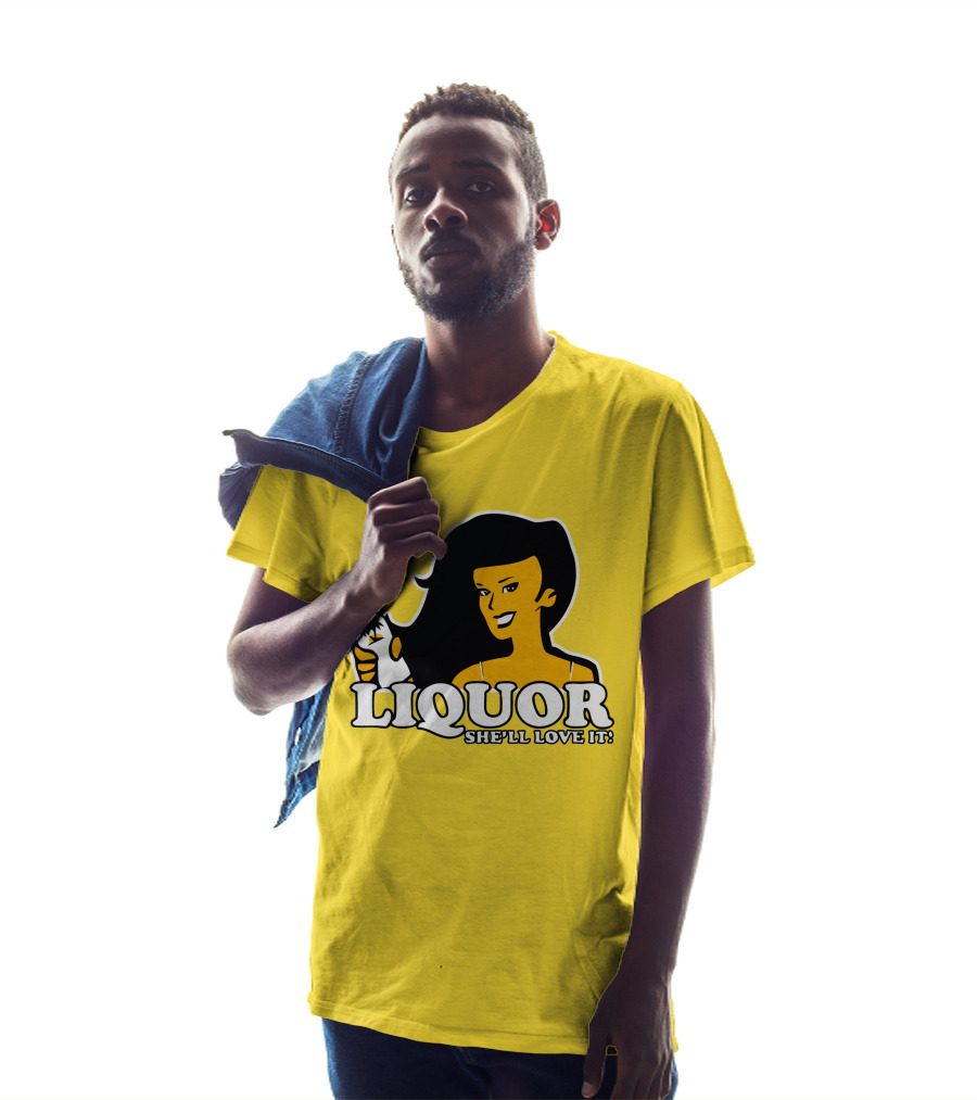 Liquor She'll Love It Retro Pin-Up Style Woman Holding Bottle T-Shirt