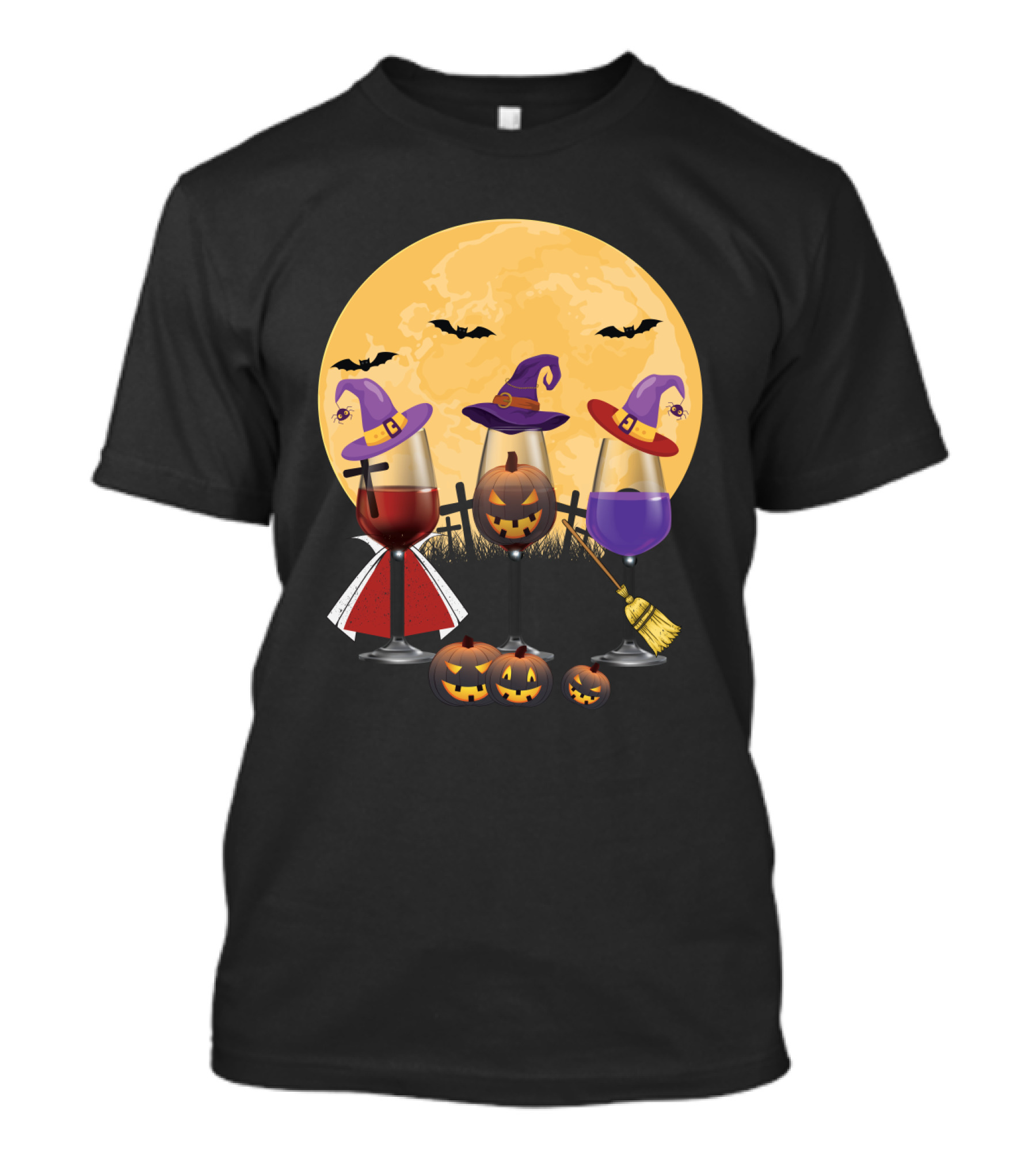Halloween Wine Lovers Witches With Jack-o'-Lanterns And Full Moon T-Shirt