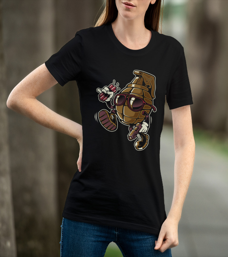 Grenade Sunglasses Walking Character With Dynamite And Gun T-Shirt