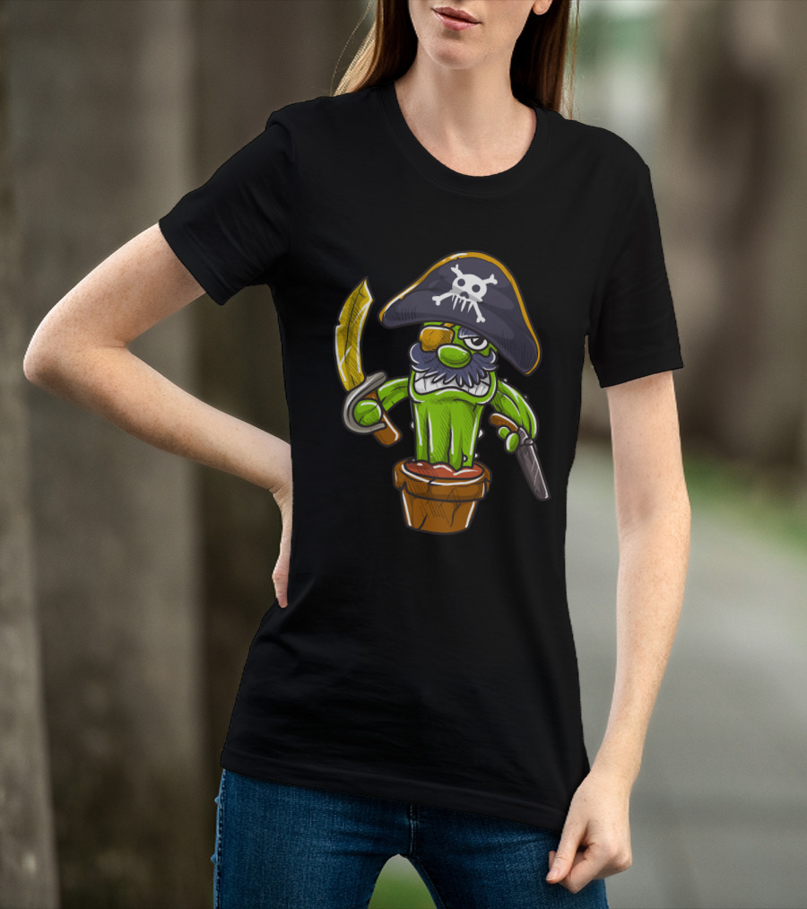 Cactus Pirate Jolly Roger Skull Spooky Pot Sword Eyepatch T-Shirt