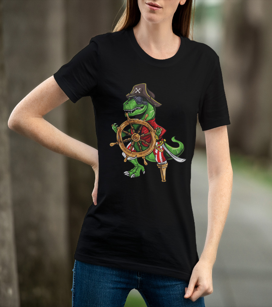 T-Rex Pirate Hat Wooden Leg Steering Ship Wheel Halloween Skull T-Shirt