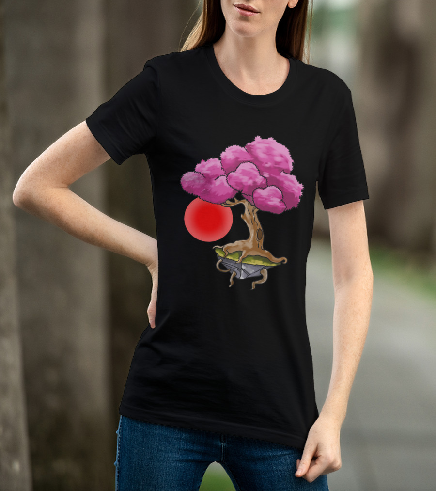 Floating Japanese Cherry Blossom Sakura Tree With Red Sun Sphere T-Shirt