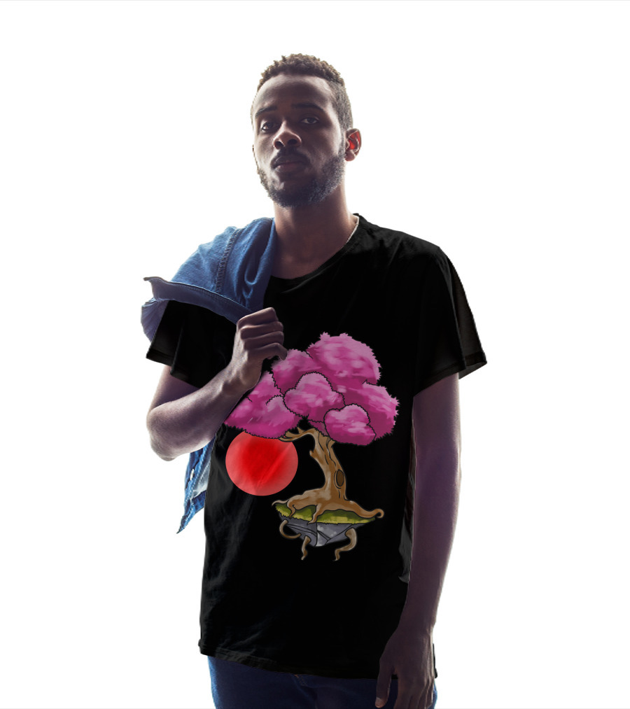 Floating Japanese Cherry Blossom Sakura Tree With Red Sun Sphere T-Shirt