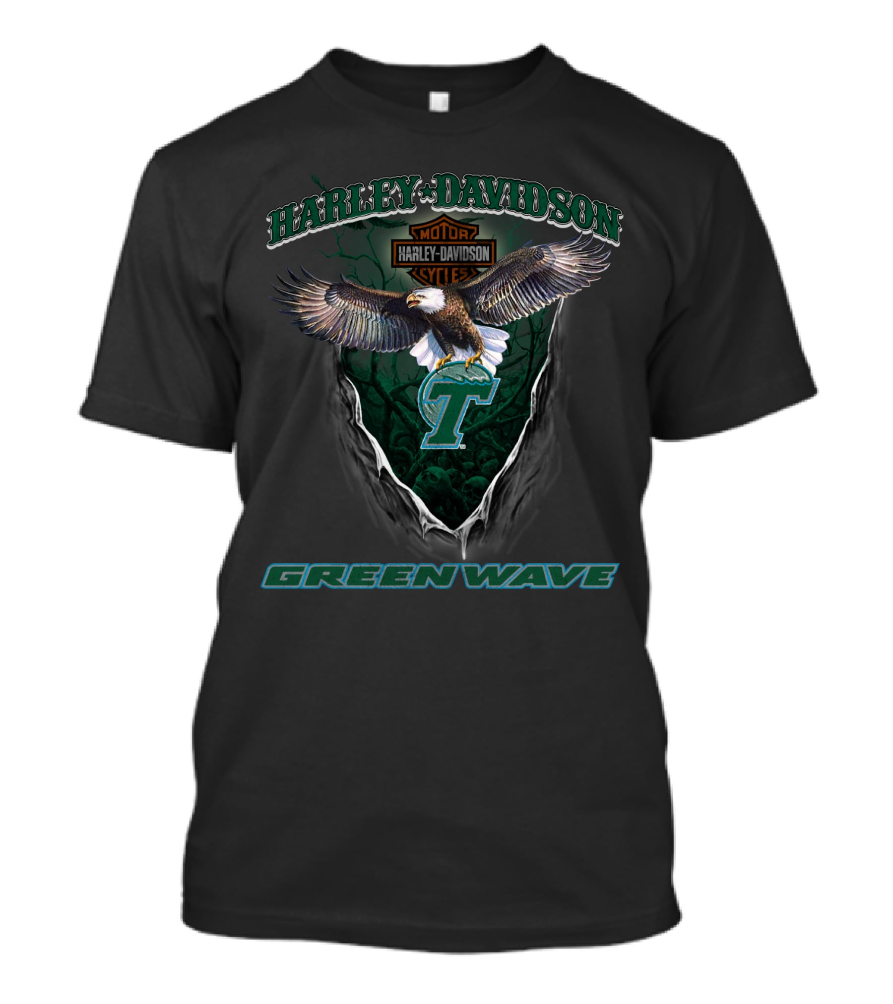 Harley Davidson Tulane Green Wave Eagle Logo Motorcycle Cycle T-Shirt
