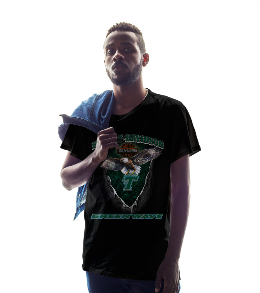 Harley Davidson Tulane Green Wave Eagle Logo Motorcycle Cycle T-Shirt