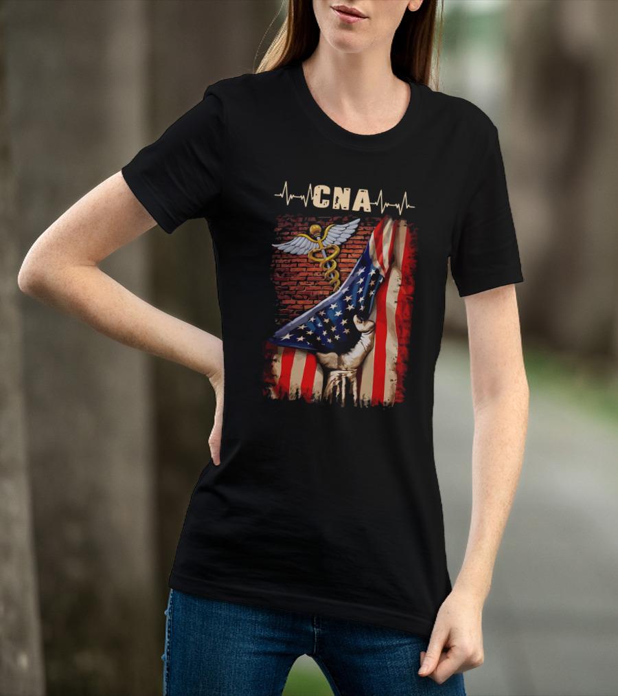 CNA Nurse American Flag Caduceus Symbol With Heartbeat T-Shirt