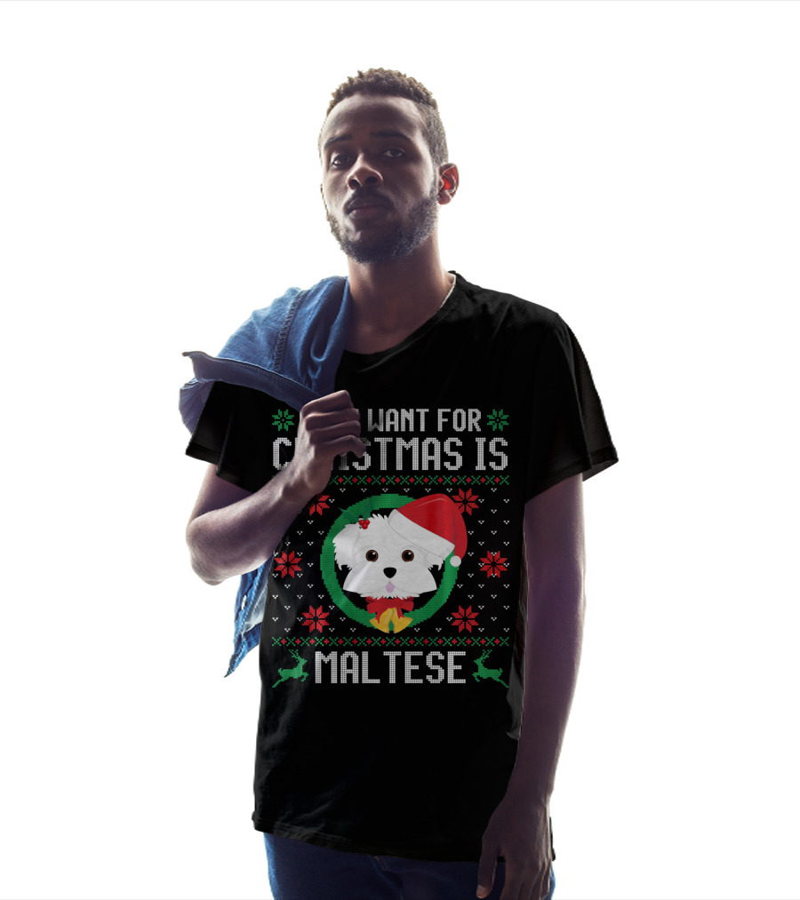 All I Want For Christmas Is Maltese Dog Santa Hat Festive T-Shirt