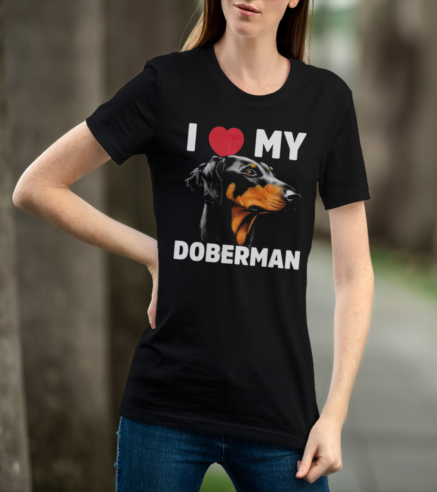 I Love My Doberman Heart Black Background Realistic T-Shirt