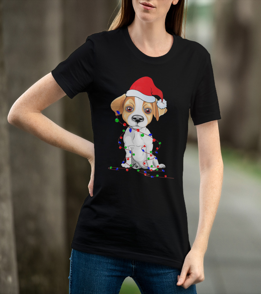 Jack Russell Christmas Lights Decoration Santa Hat T-Shirt