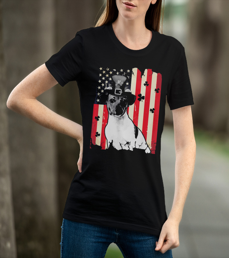 Jack Russell Terrier American Flag St Patricks Day With Shamrocks T-Shirt