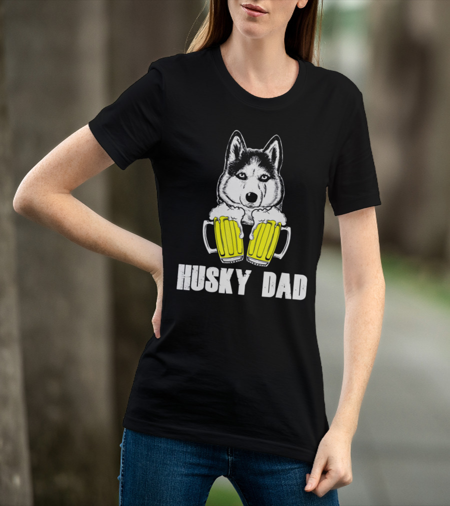 Husky Dad Funny Beer Day With Yellow Beer Mugs T-Shirt