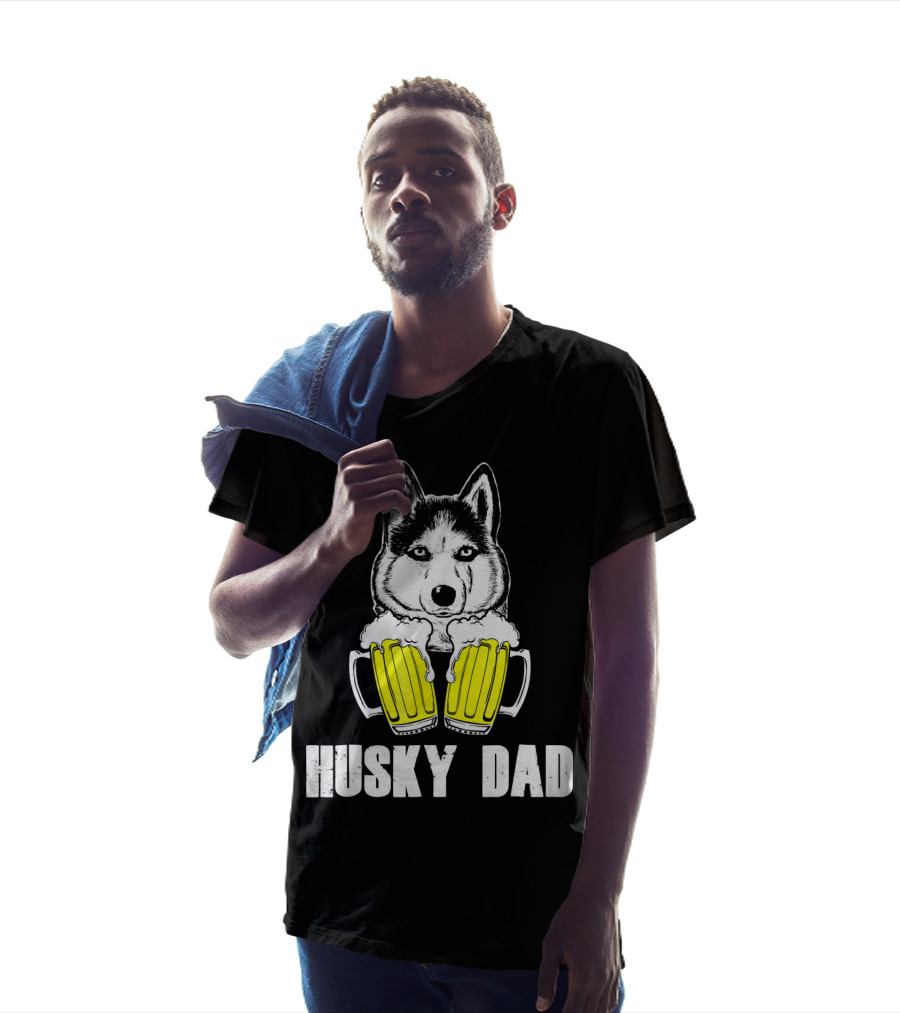Husky Dad Funny Beer Day With Yellow Beer Mugs T-Shirt