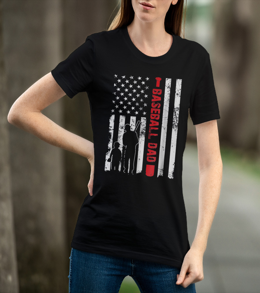 Mens Proud Baseball Dad American Flag Vertical Silhouette And Stars T-Shirt