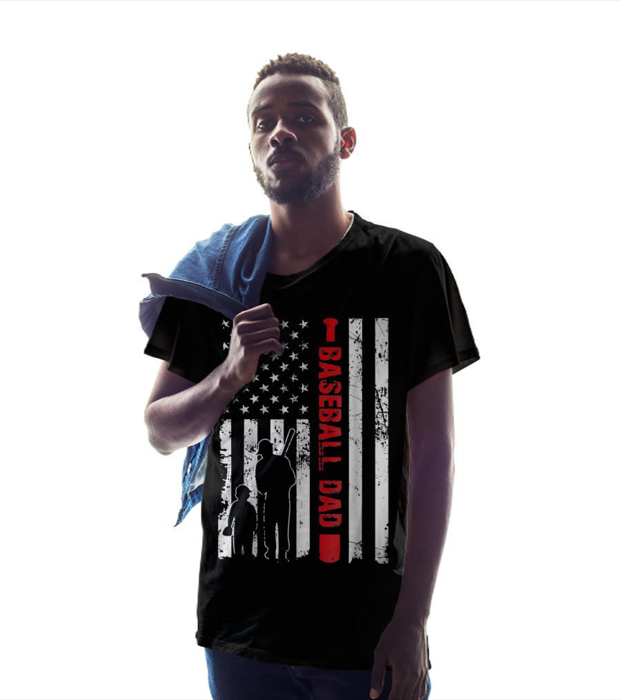 Mens Proud Baseball Dad American Flag Vertical Silhouette And Stars T-Shirt
