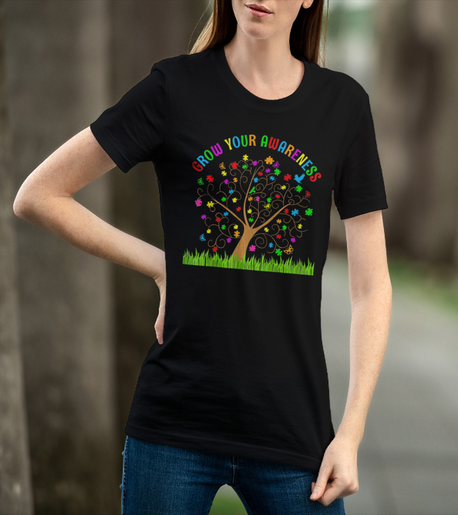 Grow Your Awareness Autism Puzzle Tree Rainbow Colors T-Shirt