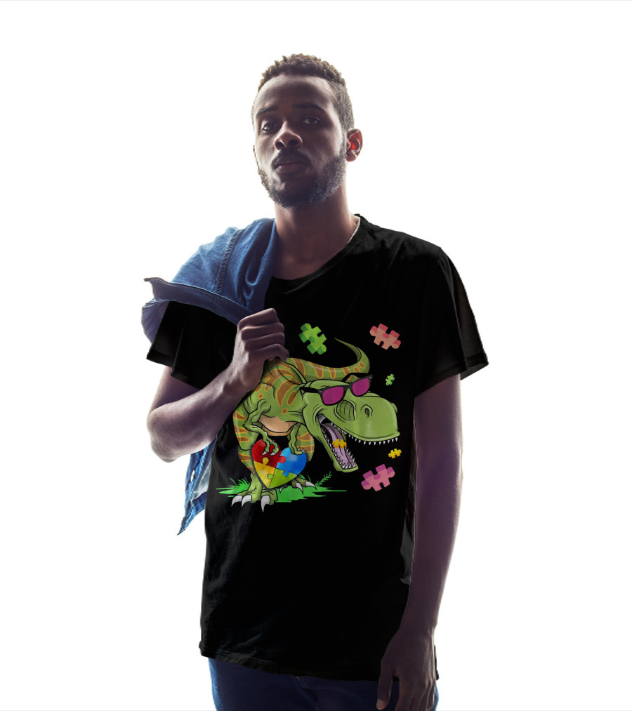 T Rex Dinosaur Autism Awareness Puzzle Heart Sunglasses T-Shirt